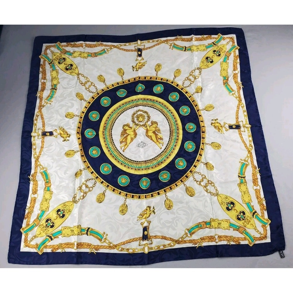 VERSACE Atelier Scarf Barocco 34 Silk Gold Blue Medallion Medusa Chain Rope